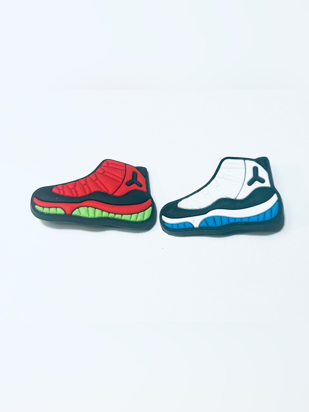 Basketball Sneaker Jibbitz Shoe Charms in Red/White with Green and Blue Accents